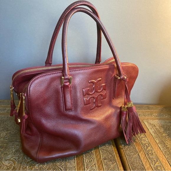 Tory Burch bag satchel leather handles spacious compartments burgundy red - Picture 5 of 16